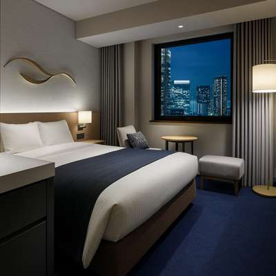 도쿄 숙소 미츠이 가든 호텔 고탄다 객실 전경, 밤의 도시 전망과 모던한 인테리어