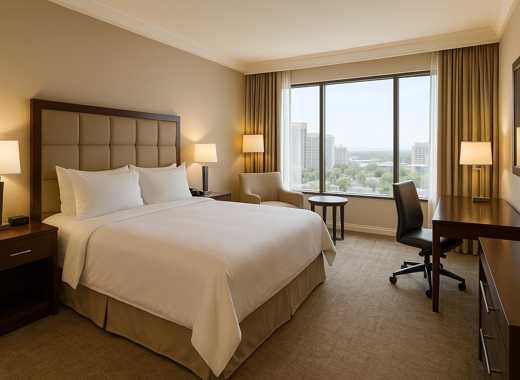 도쿄 호텔 빌라 퐁텐 그랜드 하네다 에어포트 객실 내부 전경, 넓은 침대와 창가 전망이 있는 모던한 인테리어