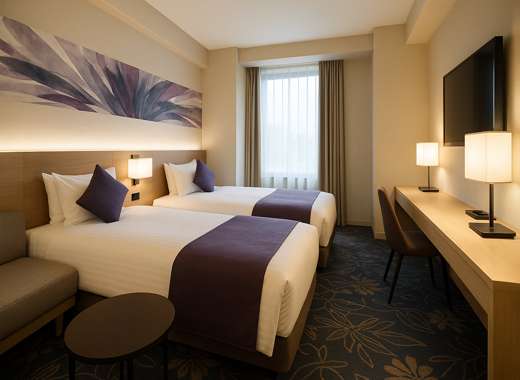 도쿄 긴자 호텔 객실 내부 전경, 두 개의 침대와 따뜻한 조명이 어우러진 현대적인 인테리어 — 도쿄호텔