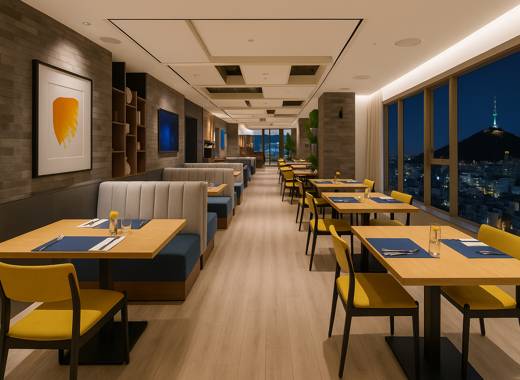 Restaurant interior with Namsan Tower night view at voco Seoul Myeongdong by IHG hotel in Seoul

