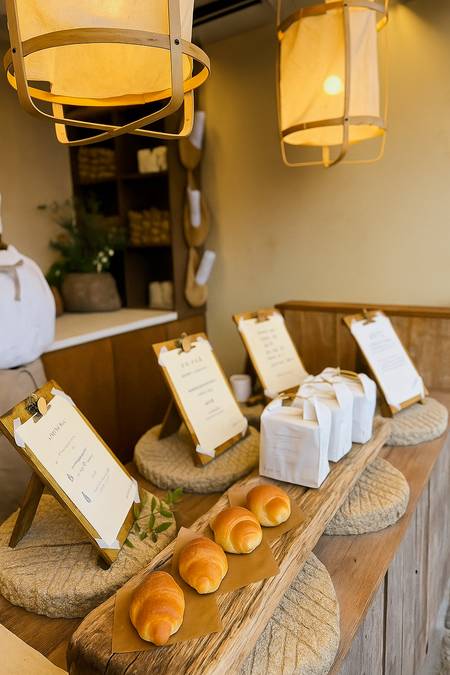 Interior of Jayeondo Bakery in Busan showcasing salt bread and a rustic pastry display