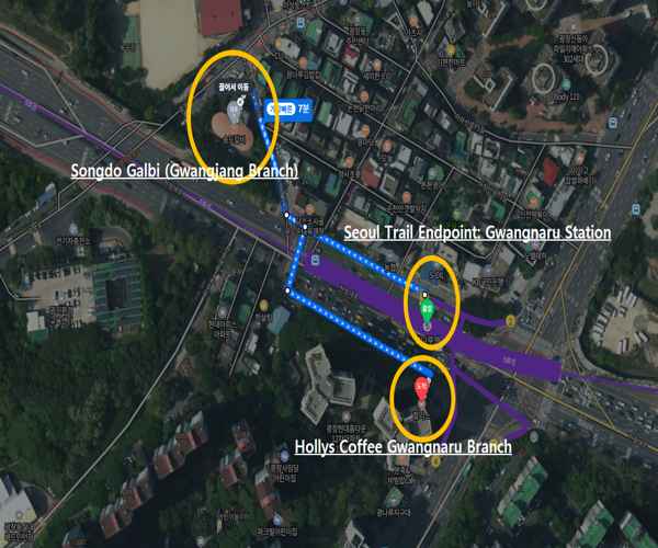 Map showing the Achasan Course 5 endpoint at Gwangnaru Station and the walking route to Songdo Galbi and Hollys Coffee Gwangnaru Branch.