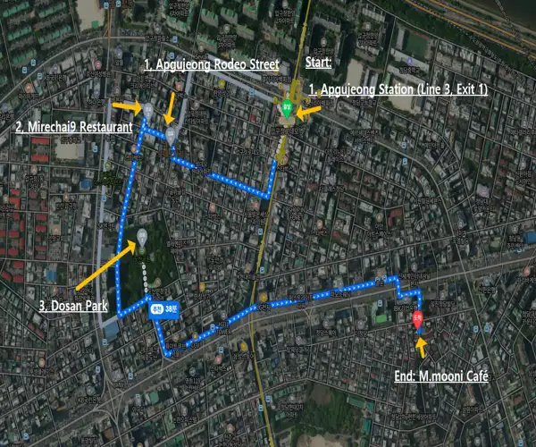 Route map showing how to visit Apgujeong Rodeo Street restaurants, Mirechai9, Dosan Park, and M.mooni Cafe starting from Apgujeong Station.