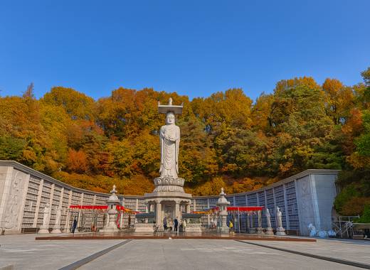 Bongeunsa Temple autumn view in Seoul, Maitreya Buddha statue surrounded by colorful fall trees during Seoul trip