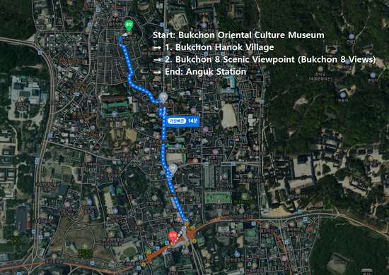 Walking route map from the Bukchon Oriental Culture Museum through Bukchon Hanok Village and the Bukchon 8 Views viewpoint to Anguk Station.
