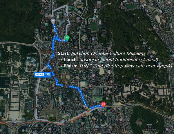 Walking route from Bukchon Oriental Culture Museum to Sosonjae restaurant and TUNG Café in Bukchon, Seoul.
