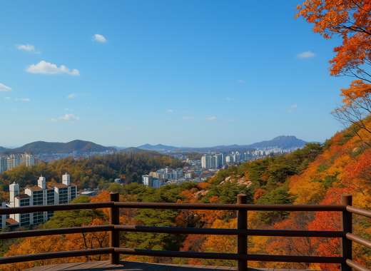 Autumn view from the observatory on Bukhansan Sky Trail with colorful foliage and clear blue sky over Seoul
