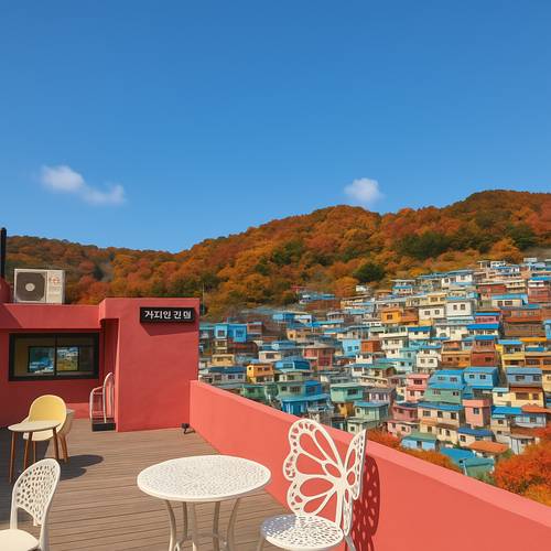 Scenic autumn view of Gamcheon Culture Village seen from Café Coffeeitzip in Busan, with colorful houses and clear blue sky