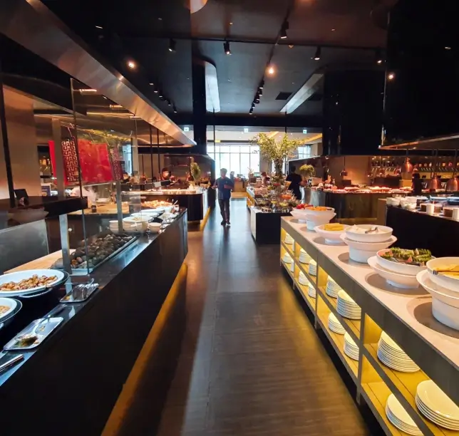 Conrad Seoul breakfast buffet at Zest restaurant featuring a wide selection of dishes and modern interior design