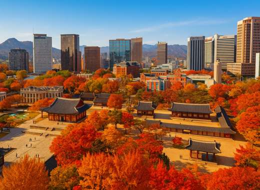 Aerial view of Deoksugung Palace in Seoul during autumn with vibrant red and orange foliage under a clear blue sky, blending traditional Korean architecture with modern skyscrapers