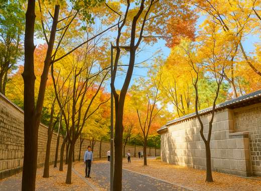 Bright autumn view of Deoksugung Stone Wall Road in Seoul with colorful red and yellow leaves under clear blue sky and few people walking peacefully