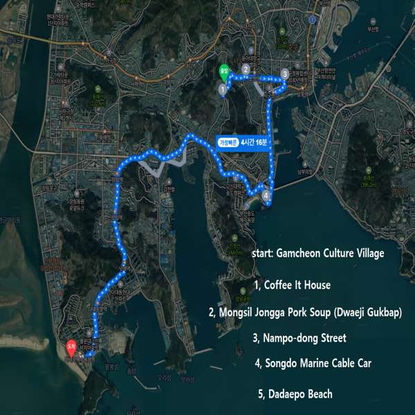 Travel route map from Gamcheon Culture Village to Coffee It House, Mongsil Jongga Pork Soup, Nampo-dong Street, Songdo Marine Cable Car, and Dadaepo Beach in Busan.