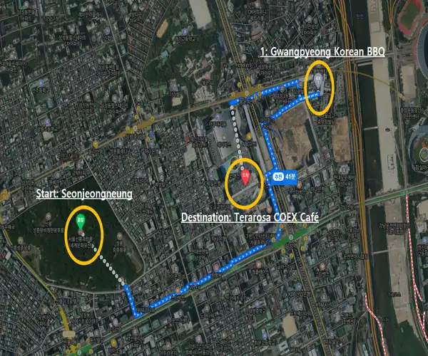 Walking route map for the Gangnam travel course, showing the path from Seonjeongneung to Gwangpyeong Korean BBQ and Terarosa COEX Café.
