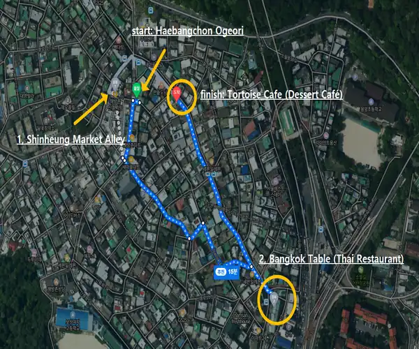 Haebangchon food guide route map showing the walking course from Haebangchon Ogeori to Shinheung Market, Bangkok Table, and Tortoise Cafe in Seoul