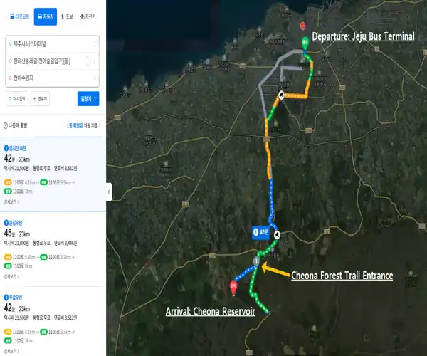 Map showing the route from Jeju Bus Terminal to the Hallasan Cheona Forest Trail Entrance and Cheona Reservoir.

