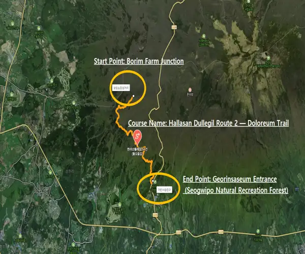 Map of Hallasan Dullegil Route 2 Doloreum Trail showing the start point Borim Farm Junction and the end point Georinsaseum Entrance in Seogwipo, Jeju.