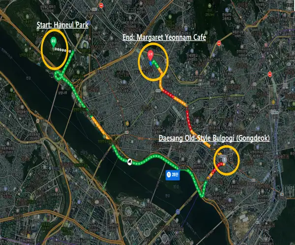 A route map showing the Haneul Park Seoul Travel Course, including the starting point at Haneul Park, a dinner stop at Daesang Old-Style Bulgogi in Gongdeok, and the final destination at Margaret Yeonnam Cafe.