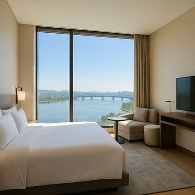 Hotel Naru Seoul MGallery river view room with large window overlooking the Han River.