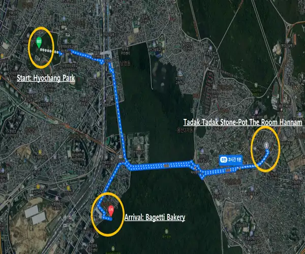 Travel route map from Hyochang Park to Tadak Tadak Stone-Pot The Room Hannam and Bagetti Bakery, highlighted with markers and directional arrows.