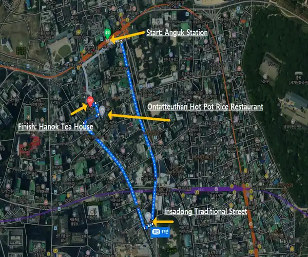 Insadong travel walking map showing the route from Anguk Station to Ontatteuthan Hot Pot Rice Restaurant and ending at a Hanok tea house.