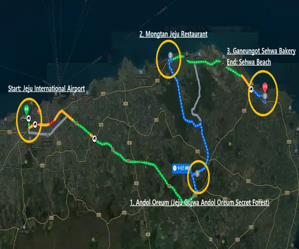 Route map from Jeju International Airport to Jeju Gujwa Andol Oreum Secret Forest, Mongtan Jeju Restaurant, Ganeungot Sehwa Bakery, and Sehwa Beach.
