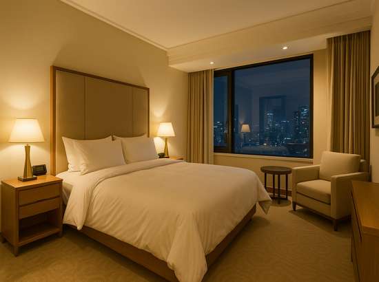 Deluxe guest room at Lotte Hotel Seoul with warm lighting and a city night view.