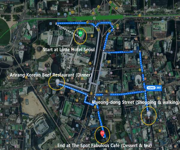 Walking route map from Lotte Hotel Seoul to Myeong-dong Street, Arirang Korean Beef Restaurant, and The Spot Fabulous Café.
