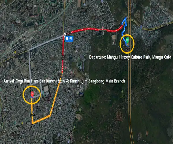 Route map from Mangu History Culture Park and Mangu Café to Gogi Ban Ham Ban Kimchi Stew & Kimchi Jjim Sangbong Main Branch.