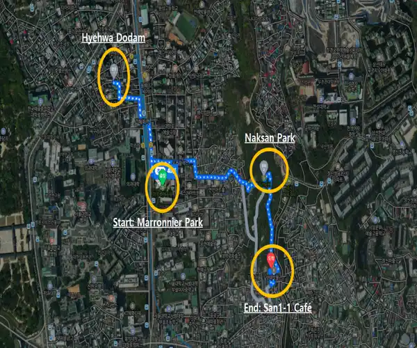 Walking route map from Marronnier Park Seoul to Hyehwa Dodam, Naksan Park, and ending at San1-1 Cafe, showing the full travel path across Jongno.