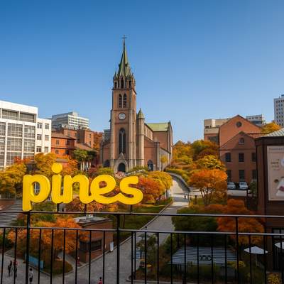View of Myeongdong Cathedral from the terrace of Pines Cafe on a bright day with autumn colors.