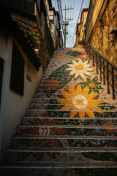 Colorful flower mosaic stairs at Ihwa Mural Village near Naksan Park in Seoul