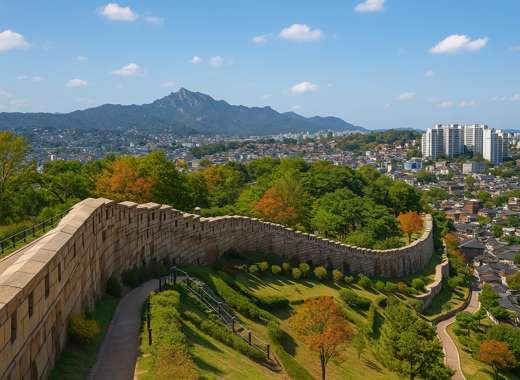 Naksan Park Seoul City Wall on a clear autumn day with colorful trees and blue sky