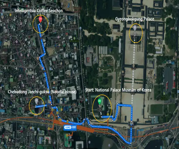 Walking route map from the National Palace Museum of Korea to Chebudong Janchi-guksu and Intelligentsia Coffee Seochon.
