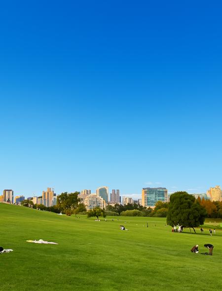 People relaxing on the wide green lawn at Olympic Park Seoul with modern city buildings and clear blue sky in the background.