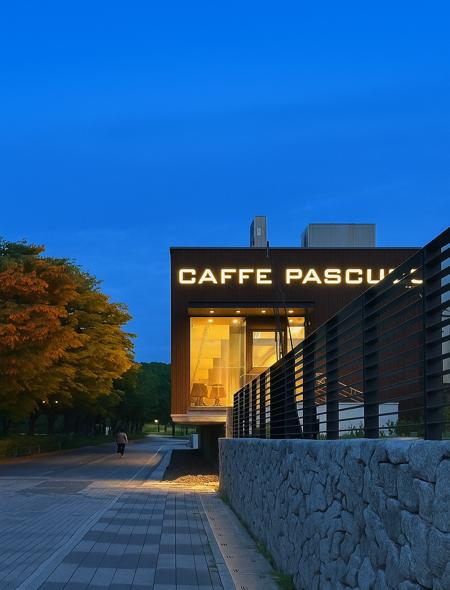 Caffe Pascucci located inside Olympic Park Seoul, illuminated at night with warm lights and modern architecture.