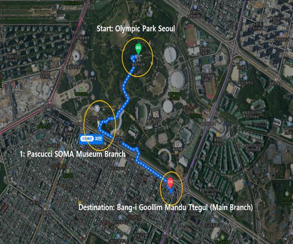 Walking route map from Olympic Park Seoul to Pascucci SOMA Museum Branch and Bang-i Goollim Mandu Ttegul main branch.