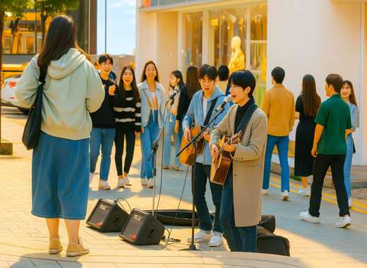 A lively street performance in Hongdae near RYSE, Autograph Collection Seoul by Marriott, with people enjoying music under a bright sunny sky
