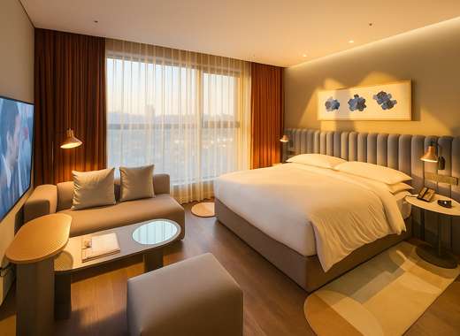 RYSE Autograph Collection Seoul hotel room with warm afternoon sunlight, cozy modern interior, and soft lighting through sheer curtains.