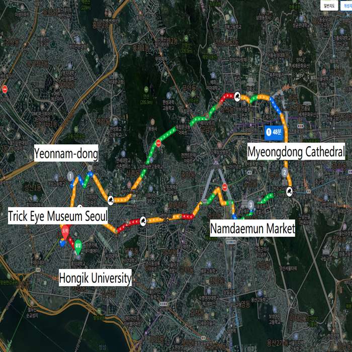 A tourist map showing popular attractions near RYSE, Autograph Collection Seoul by Marriott, including Hongik University, Trick Eye Museum, Yeonnam-dong, Namdaemun Market, and Myeongdong Cathedral.
