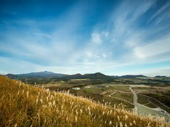 Wide landscape view from Saebyeol Oreum overlooking fields, rolling hills, and the blue Jeju sky on a clear day.