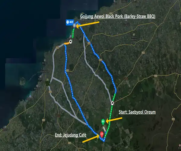 Route map from Saebyeol Oreum to Goijung Aewol Black Pork and Jejudang Café, showing the driving path across the Aewol region in Jeju Island.