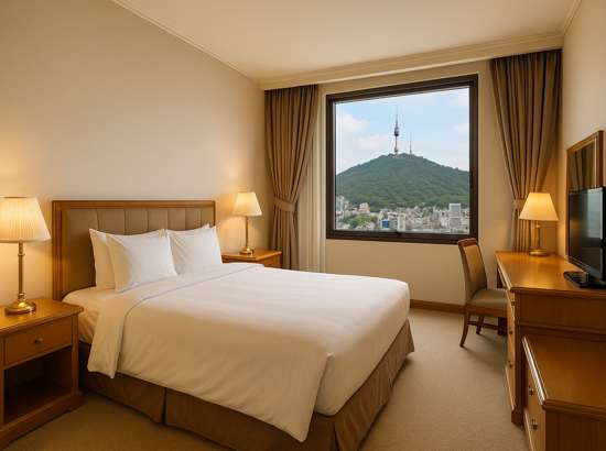 Sejong Hotel Myeongdong stay review room view with Namsan Tower through the window, bright interior, cozy bed, and warm lighting in Seoul