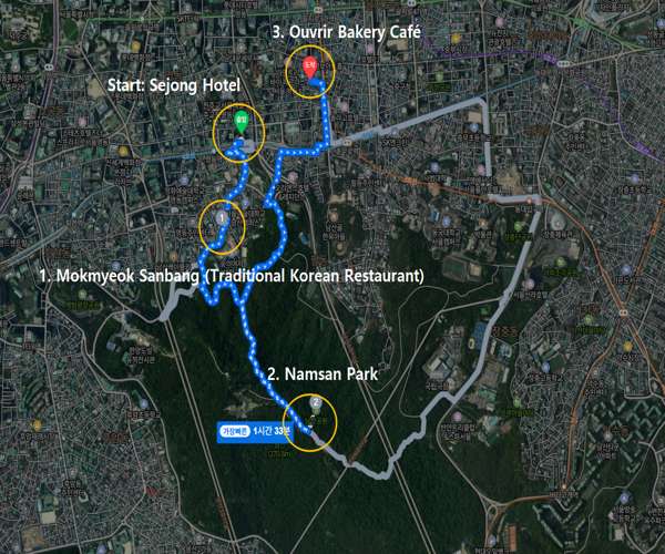 Sejong Hotel Myeongdong stay review walking route map showing path from Sejong Hotel to Mokmyeok Sanbang restaurant, Namsan Park, and Ouvrir Bakery Cafe in Seoul
