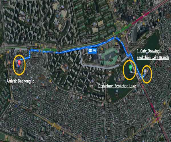 Route map of the Seokchon Lake walking course, showing the path from Seokchon Lake to Cafe Drawing Seokchon Lake Branch and onward to Daehongjip in Jamsil.