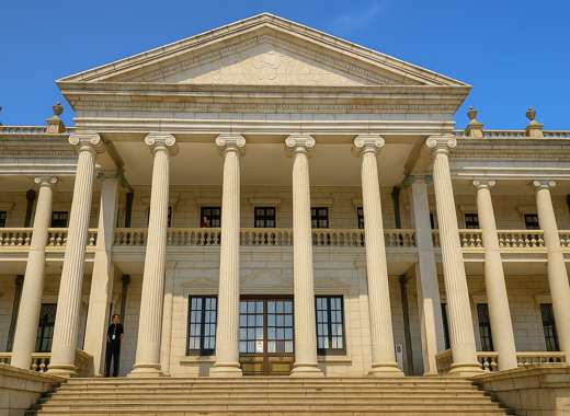 Front view of Seokjojeon Hall at Deoksugung Palace in Seoul on a clear autumn day, showing neoclassical stone columns under a bright blue sky
