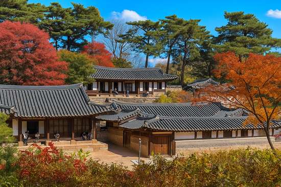 Seokpajeong Seoul traditional hanok garden surrounded by autumn trees and Inwangsan mountain scenery