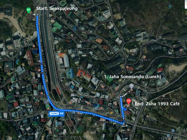 Walking route map from Seokpajeong Seoul to Jaha Sonmandu and Zaha 1993 Cafe in Buam-dong.
