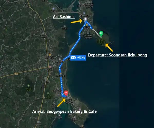 Travel route map for a Seongsan Ilchulbong sunrise trip showing the path from Seongsan Ilchulbong to Asi Sashimi and then to Seogwipean Bakery & Cafe along Jeju’s eastern coastline.
