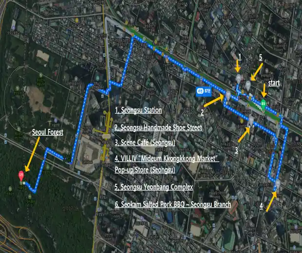 Walking route map for a Seongsu travel itinerary, showing stops from Seongsu Station to Seoul Forest.