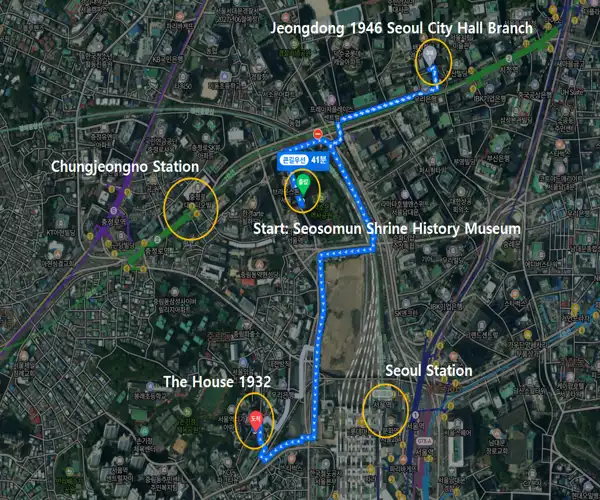 Walking route map from Seosomun Shrine History Museum to Jeongdong 1946 and The House 1932, showing major stations around Seoul